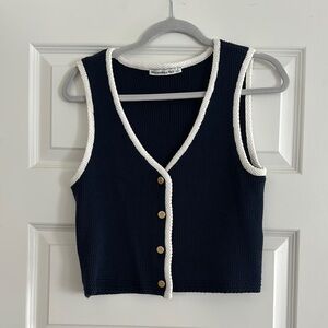 Navy Blue Knit Vest with White Trim